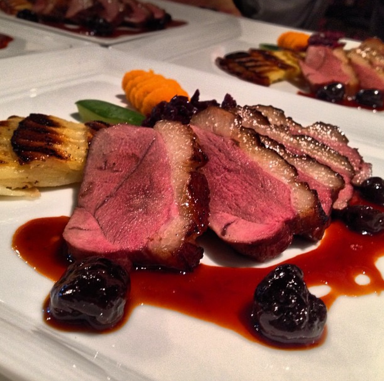 Duck Magret Montmorency with a cherry gastricue sauce by reduction