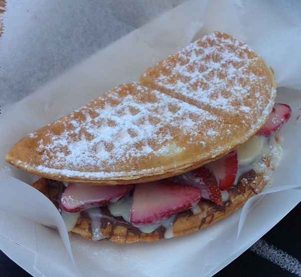 Nutella, Bananas and Strawberry Waffle Sandwich from the @thewafflebus in Houston, TX
