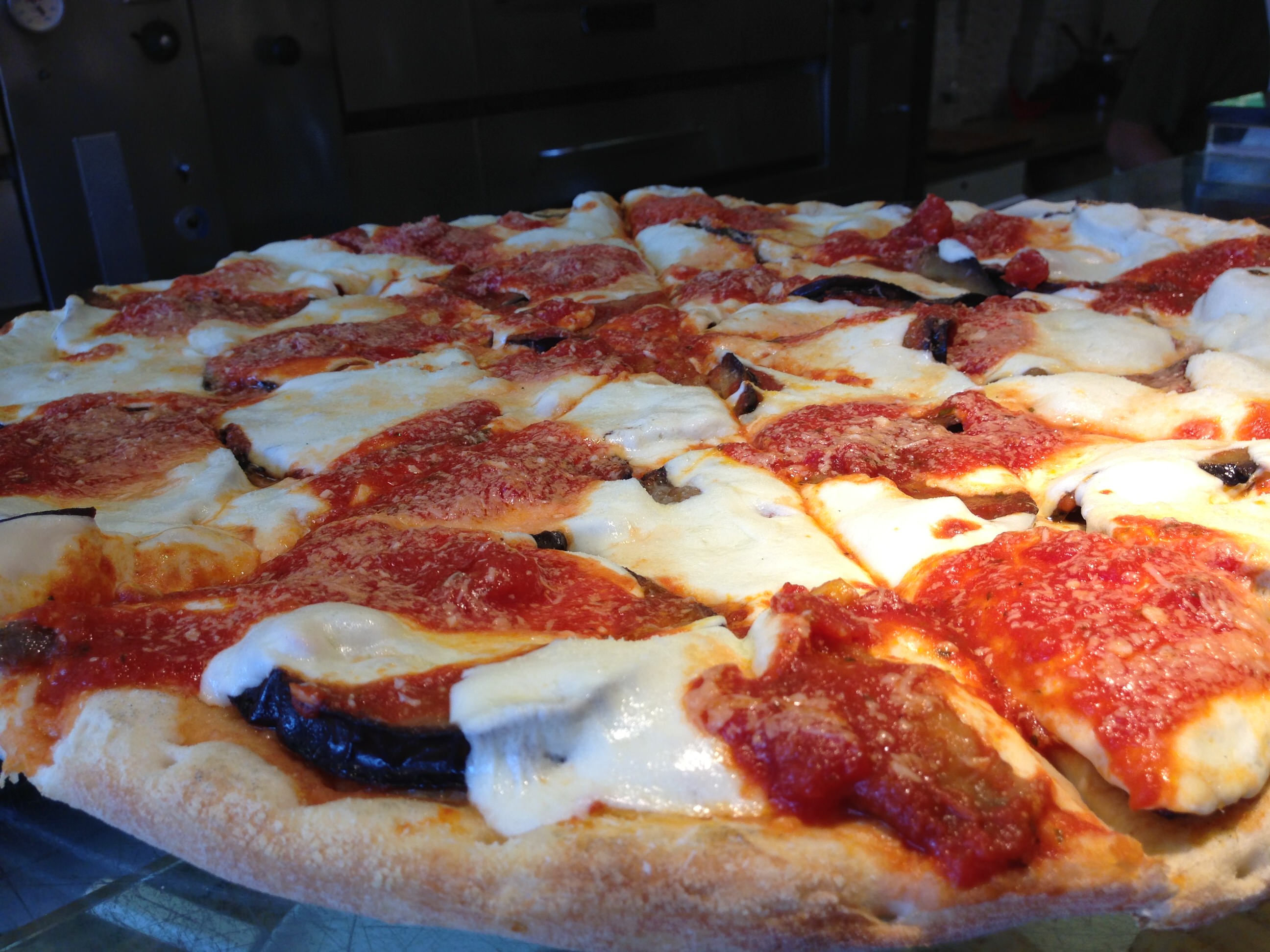 Eggplant Pizza: Fresh Mozzarella, Eggplant and Marinara Sauce From Nino’s In Brooklyn!