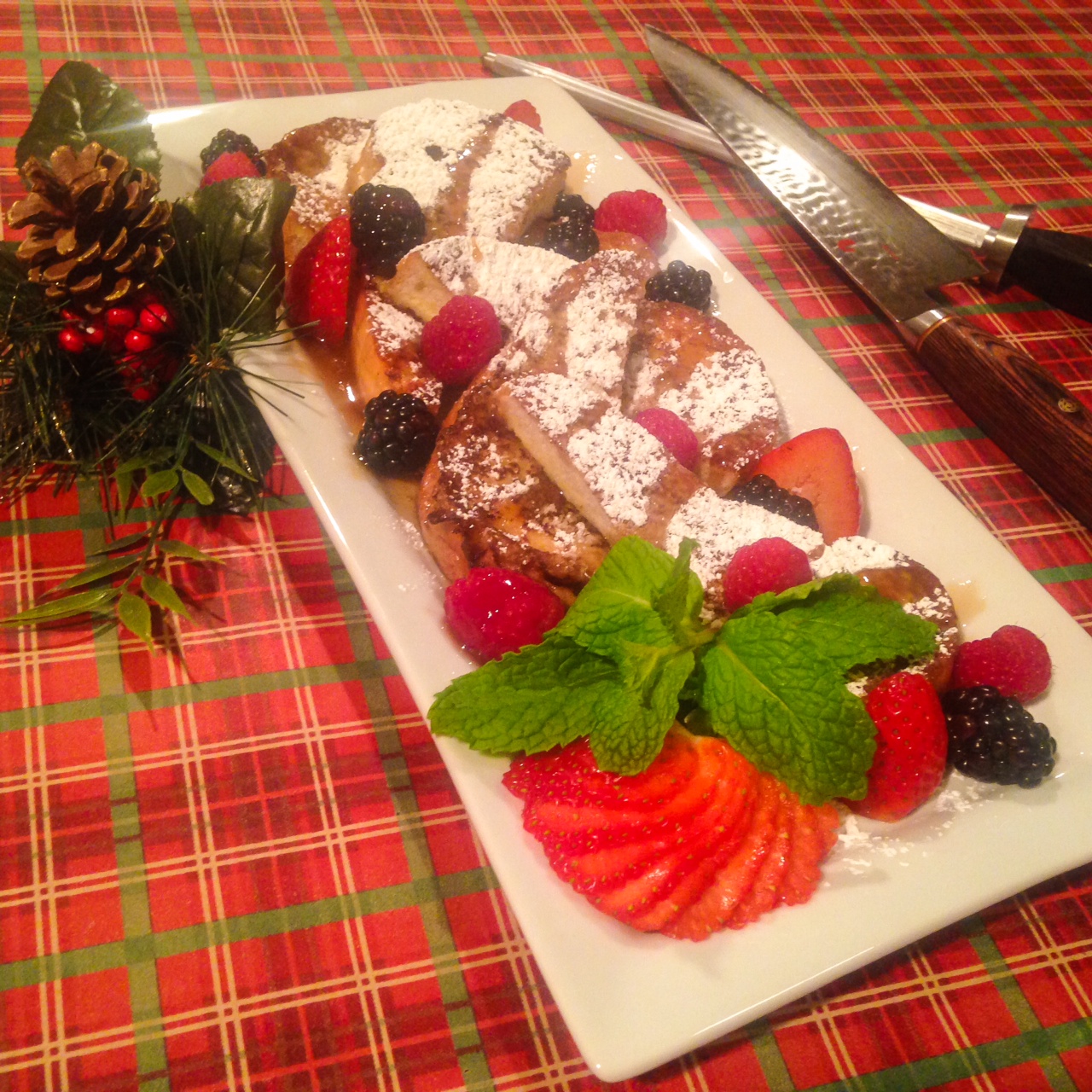 Peppermint-Vanilla Eggnog French Toast with Kahlua Syrup
