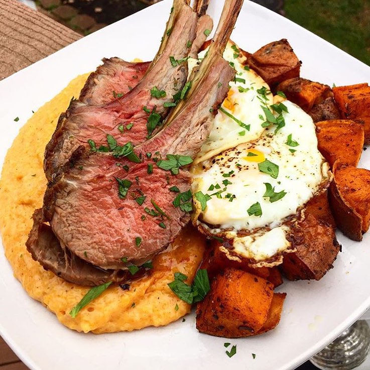 Who's ready for brunch? So what if @kanyebreast is late. Oh we forgot to mention she made this Garlic and Rosemary marinated Lamb, Creamy Gryuere Grits, Smoked Cinnamon Sweet Potatoes and Two Fried Eggs. So since we're late don't worry you don't need any. @premiumpete and @mejorswiff y'all down for brunch? || #YGETSports #YouGottaEatThis #WDYET ||
