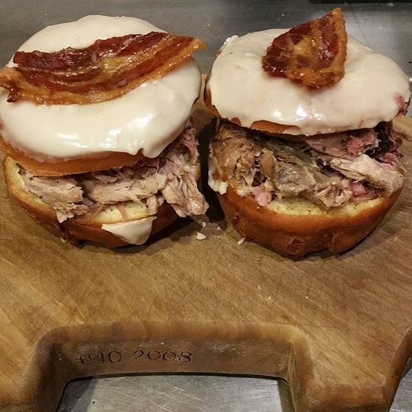 Maple Glazed Candied Bacon Pulled Pork Donut Sandwich

Perfected by @bloodbrosbbq and @doughmakerhtx for the @buffbrew Anniversary event tonight in Houston Texas!!