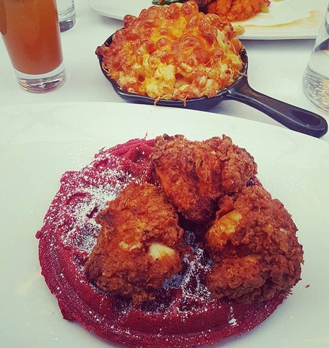 Chicken N Red Velvet Waffles & Mac N Cheese from @SocoBK is a Perfect way to start your Day!! Just ask @Sun.Moon1988!! 😍💣