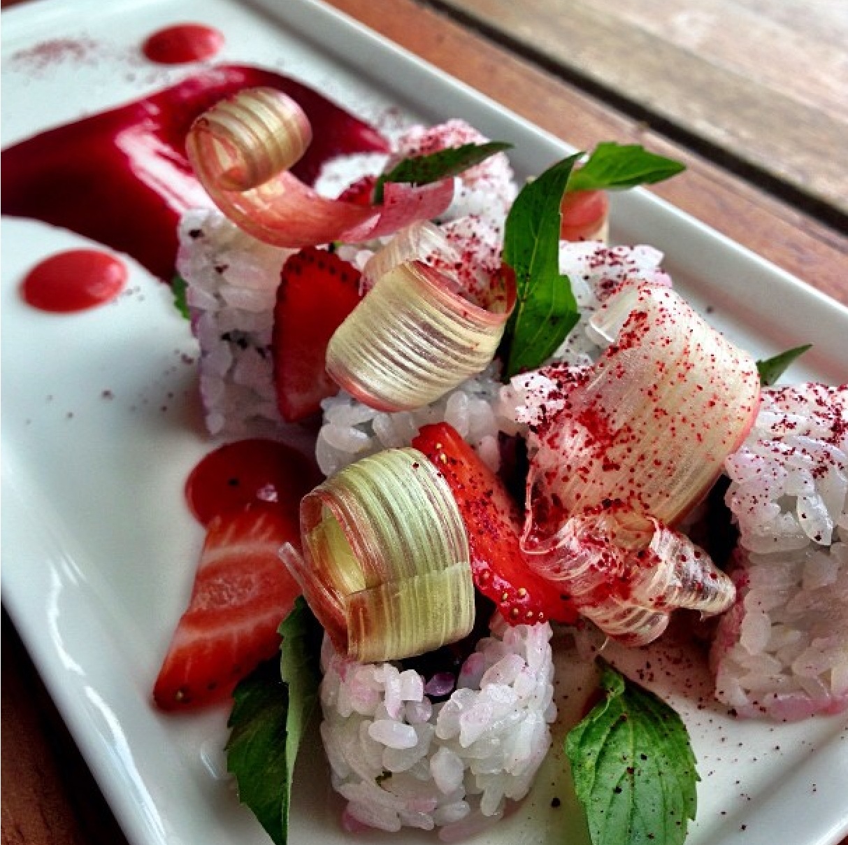 Rhubarb, strawberry, shiso, beet, tuna, maki by @PhilipSpeer