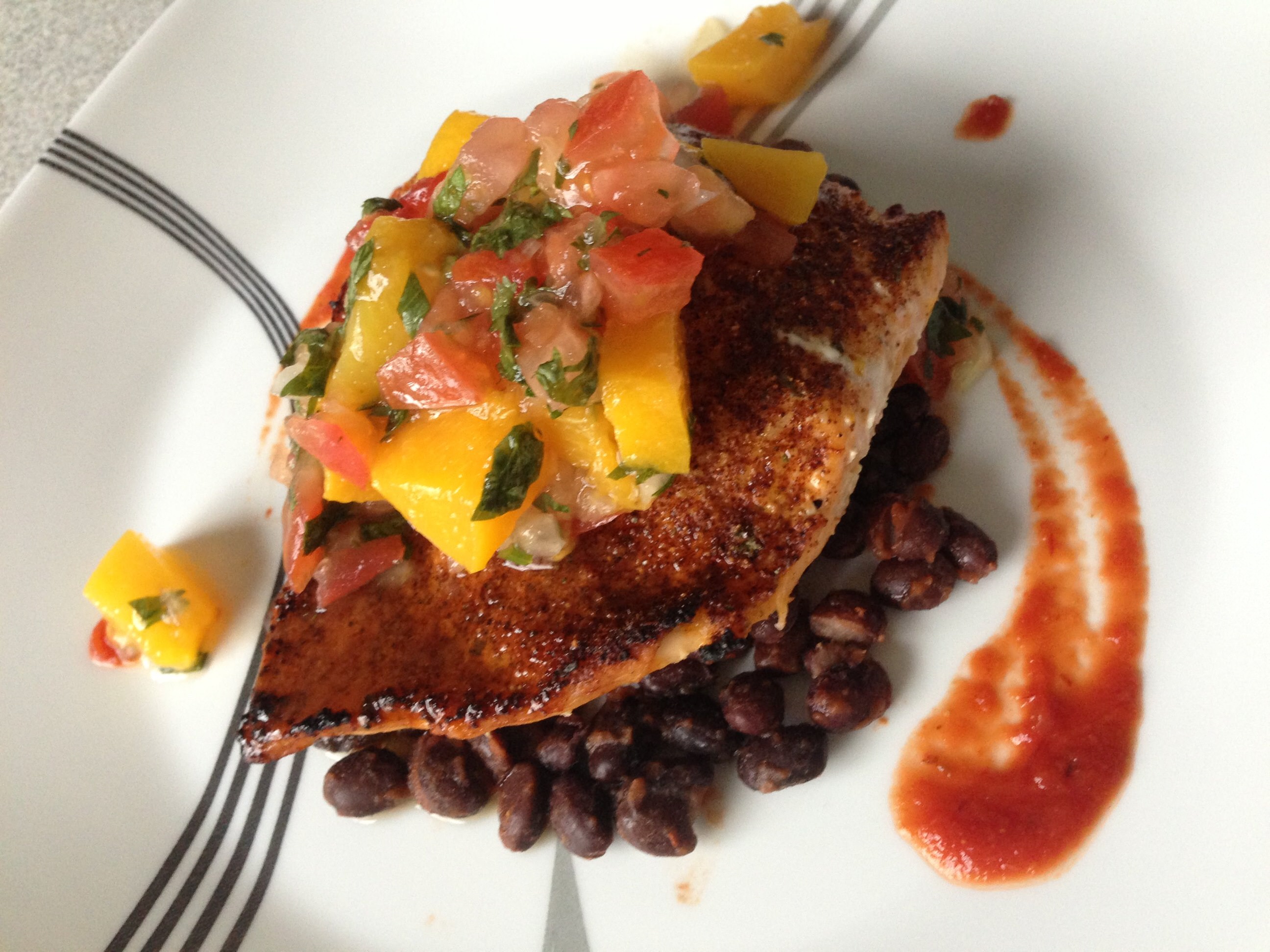 Chipotle Salmon with Peach Pico de Gallo and Roasted Black Beans