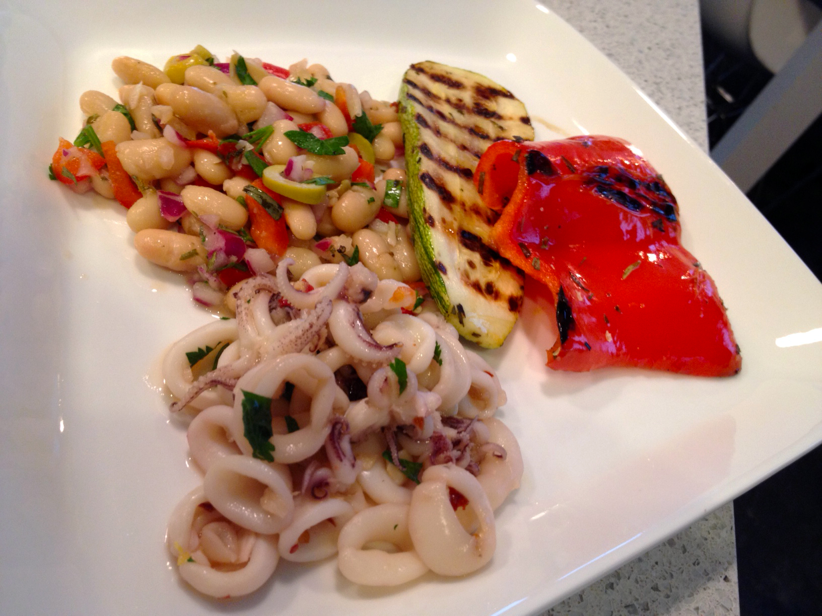 [Recipe]: Sauteed Squid with Chilis and Garlic, White Cannellini Bean Salad and Grilled Zucchini and Bell Pepper