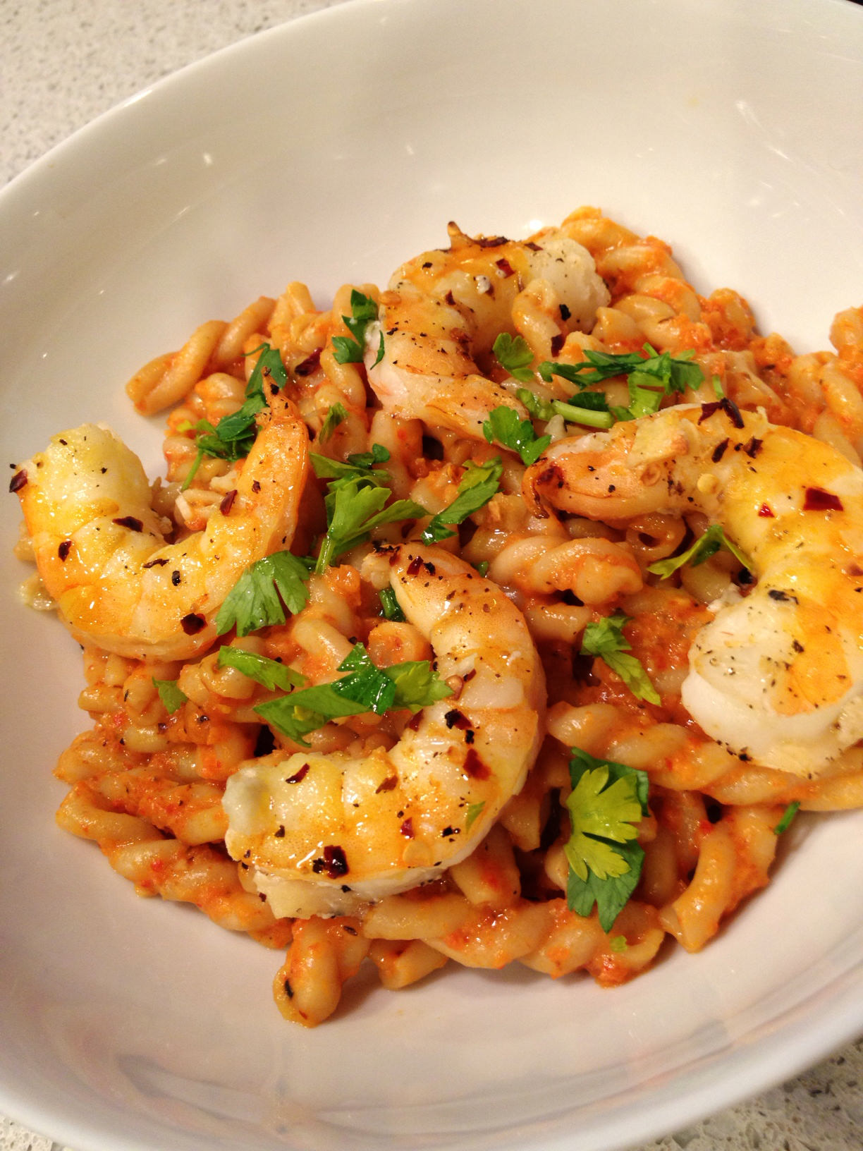 [RECIPE]: Roasted Red Pepper Sauce with Gemelli and Sauteed Shrimp