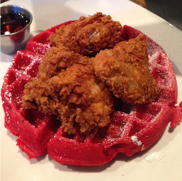 Chicken and Red Velvet Waffles from @socobk in Brooklyn, NY