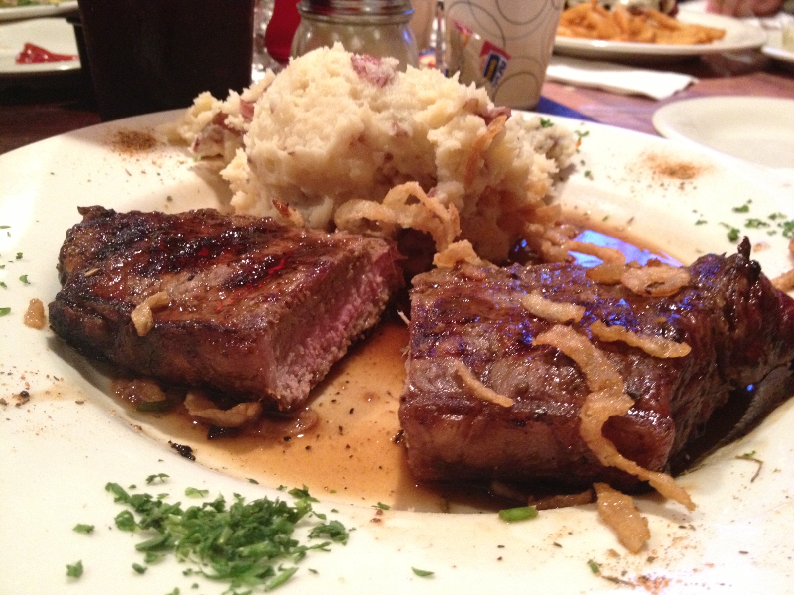 NY Strip Steak, Garlic Mashed Potatoes with Fried Onions from The Cabin in Freehold, NJ