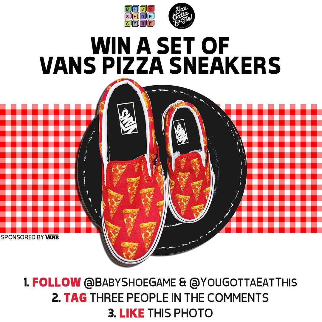 FREE SNEAKER GIVEAWAY! Read & follow rules below to enter:
1. Must follow @babyshoegame & @YouGottaEatThis
2. TAG 3 people in the comments
3. LIKE this photo!

Winner will be selected at random on Thursday at 8pm EST and receive adult size + kids size Vans Pizza Slip-On sneakers.
Thanks to @Vans for sponsoring this giveaway