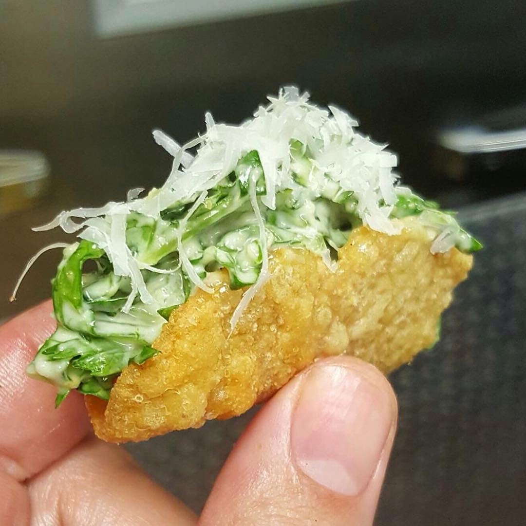 Ceasar Salad in a Chicken Skin Taco 😍😳😍 We told you before and will tell you again @ChefMarcMarrone ain’t nothing to FUX with!!