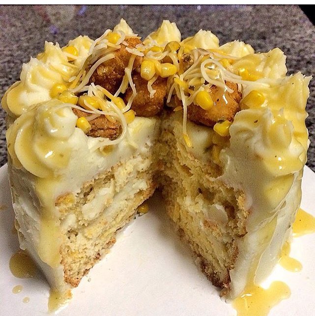 Cheddar Bay Biscuit Cake w/ Mashed Potato Frosting and topped w/ Popcorn Chicken, Corn, Cheese and Chicken Gravy 😳🙀😳Perfected by @ChefBoyAli305 😍🍗🎂 We’re speechless, You about this LIFE??