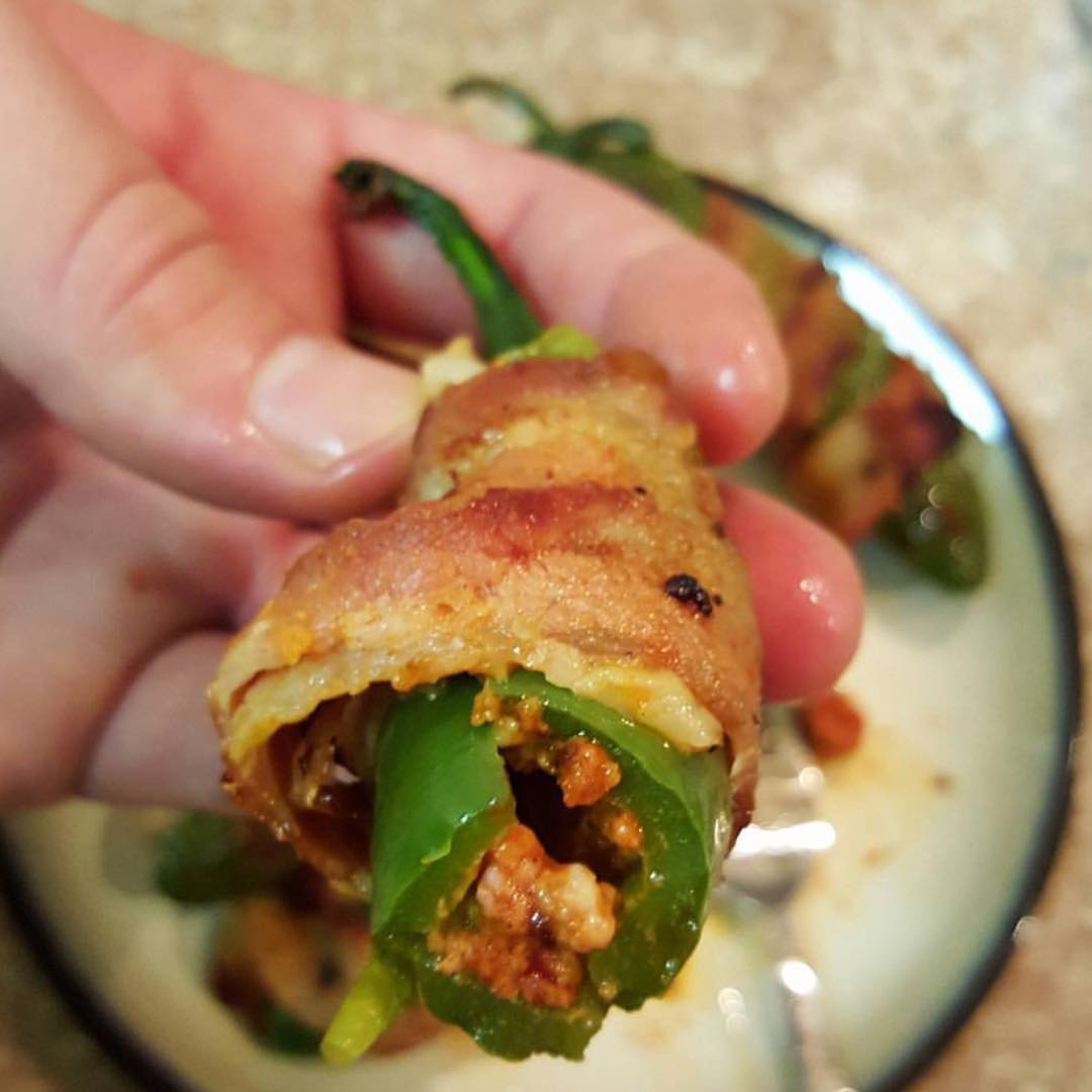 Bacon Wrapped Jalapeños Stuffed With Chorizo, Habanero Cheese and Chopped Onions 🔥😍 Perfected By @Quake89!! 😜💣